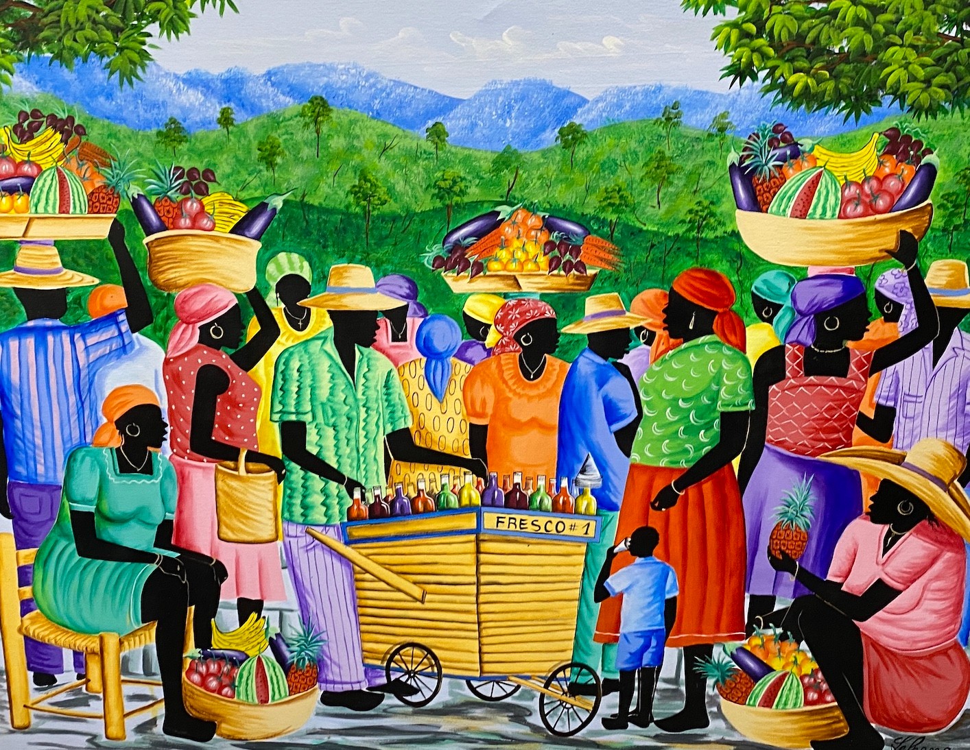 Le Franc (Haitian School), oil on canvas, Market scene with refreshment cart, signed, 99 x 124cm